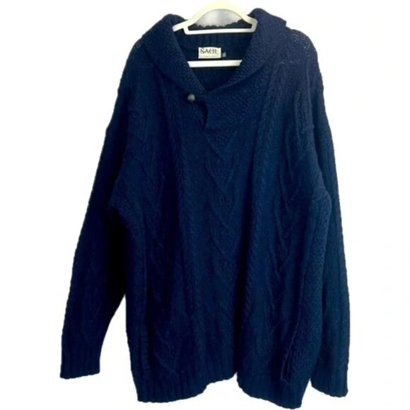 SAOL Irelend Blue Sweater - Merino Wool Aran Shawl Collar - Picture 5 of 7